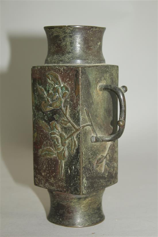 A Chinese bronze cong vessel, 17th / 18th century, 17.5cm, some damage